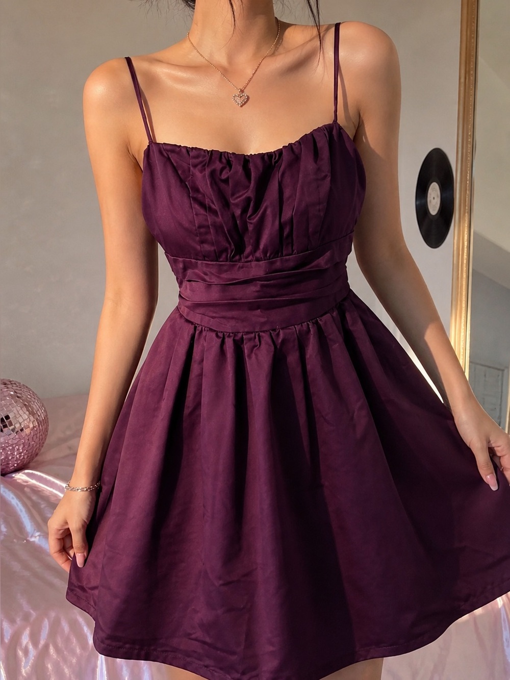 Plum Satin Mini Dress XS Petite Spaghetti Strap Fit Flare Cocktail Homecoming